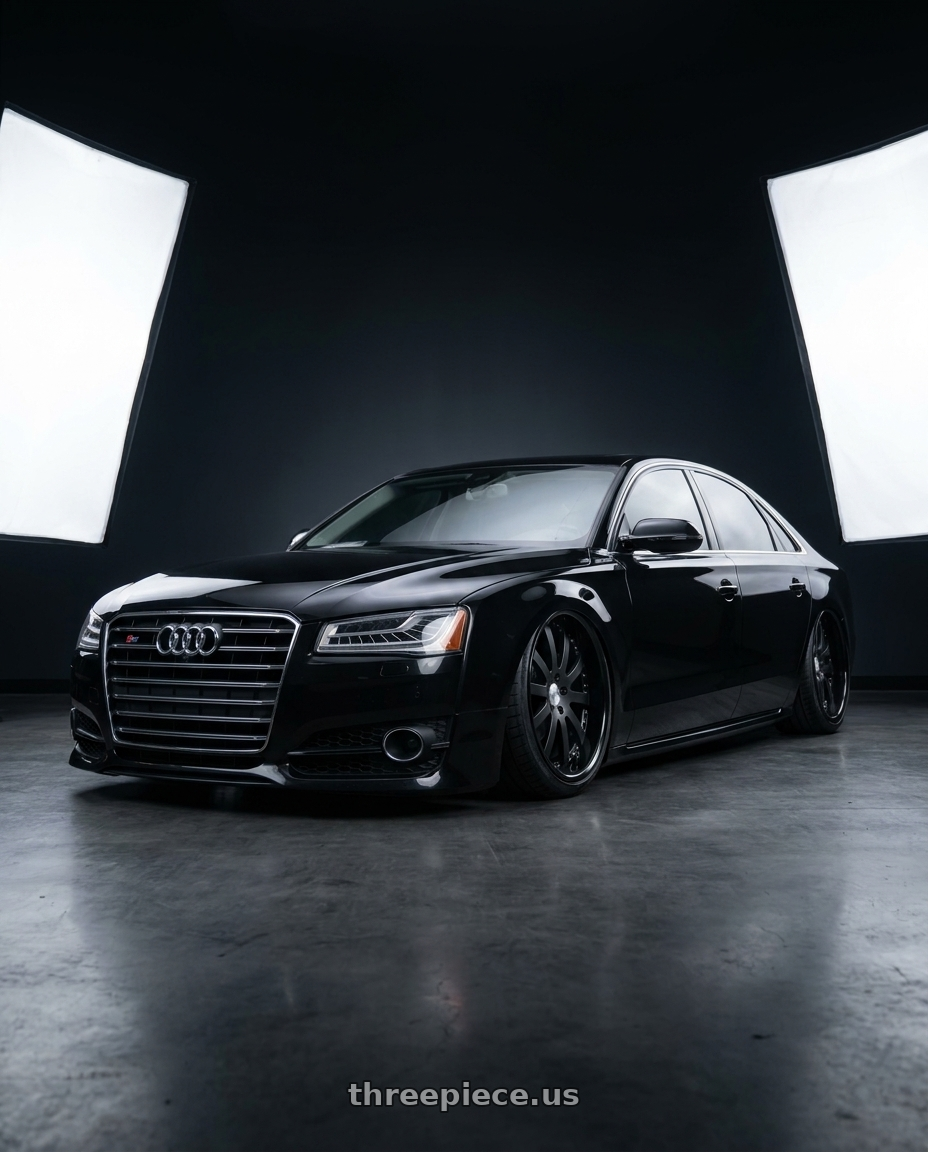 2016 Audi S8 with Work Equip E10 5x112 22x11.5+14 a disk Black Anodized wheels front three quarter view slammed stance