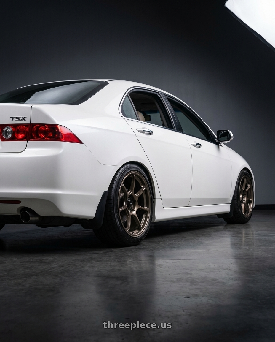 2005 Acura tsx with Konig Ultragram 5X114.3 17x9+40 Carbon Bronze Metallic Knurled Bead wheels rear three quarter view slight stretch tires