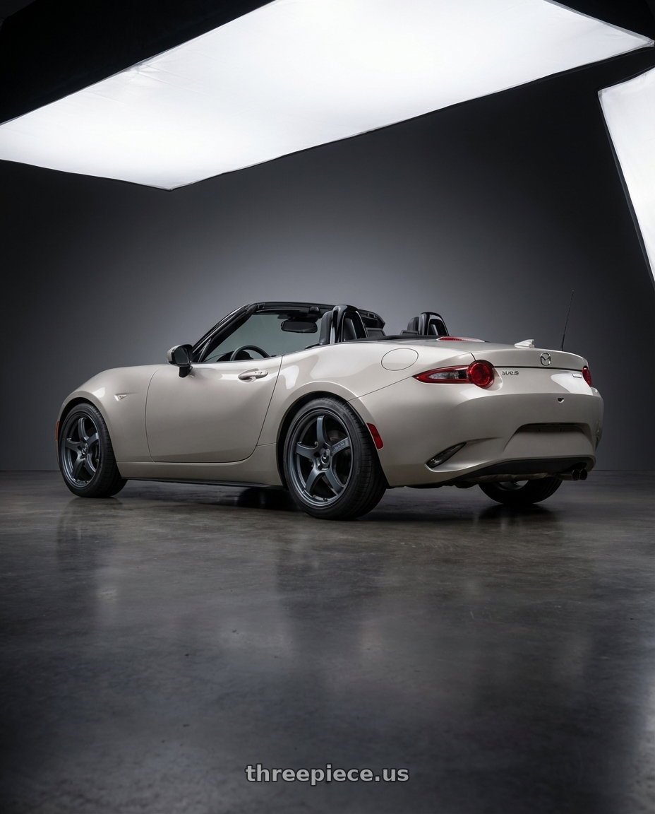 2021 Mazda MX-5 Miata ND with Gram Lights 57CR 5x114.3 17x9+22 Gunblue II wheels rear three quarter view square tires
