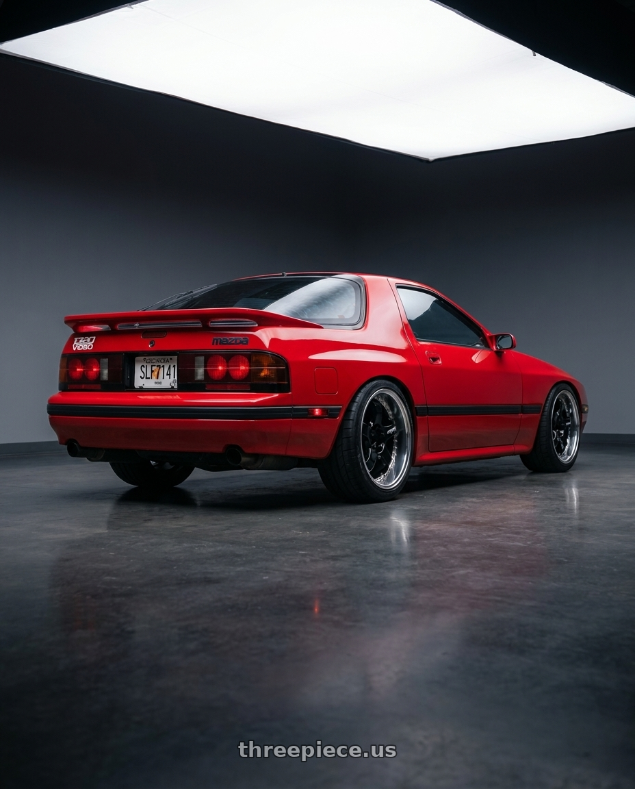 1987 mazda rx7 with Work Meister S1 3P 5x100 18x11-3 A Disk Black wheels rear three quarter view square tires