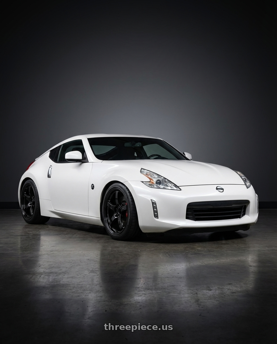 2019 Nissan 370Z with Gram Lights 57CR 5x114.3 19x9.5+45 Glossy Black wheels front three quarter view lowered stance