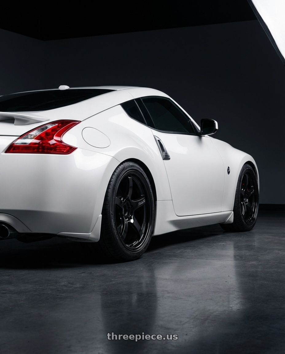 2019 Nissan 370Z with Gram Lights 57CR 5x114.3 19x9.5+45 Glossy Black wheels rear three quarter view square tires