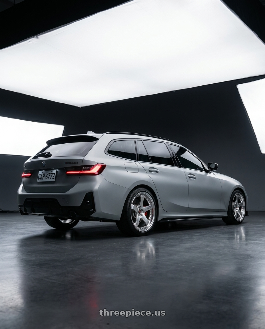 2025 BMW M340i touring with Advan Racing GT BEYOND 5x112 20x9.5 +25 MACHINING & HYPER PLATINUM BLACK wheels rear three quarter view square tires