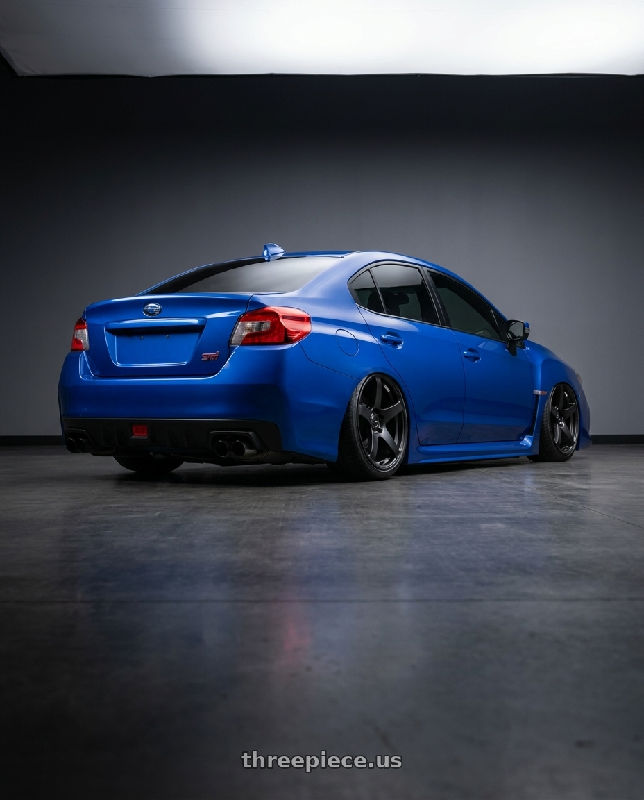 2013 Subaru WRX STI with Ssr Gtv01 5x114.3 18x8.5+40  FLAT BLACK wheels rear three quarter view slight stretch tires