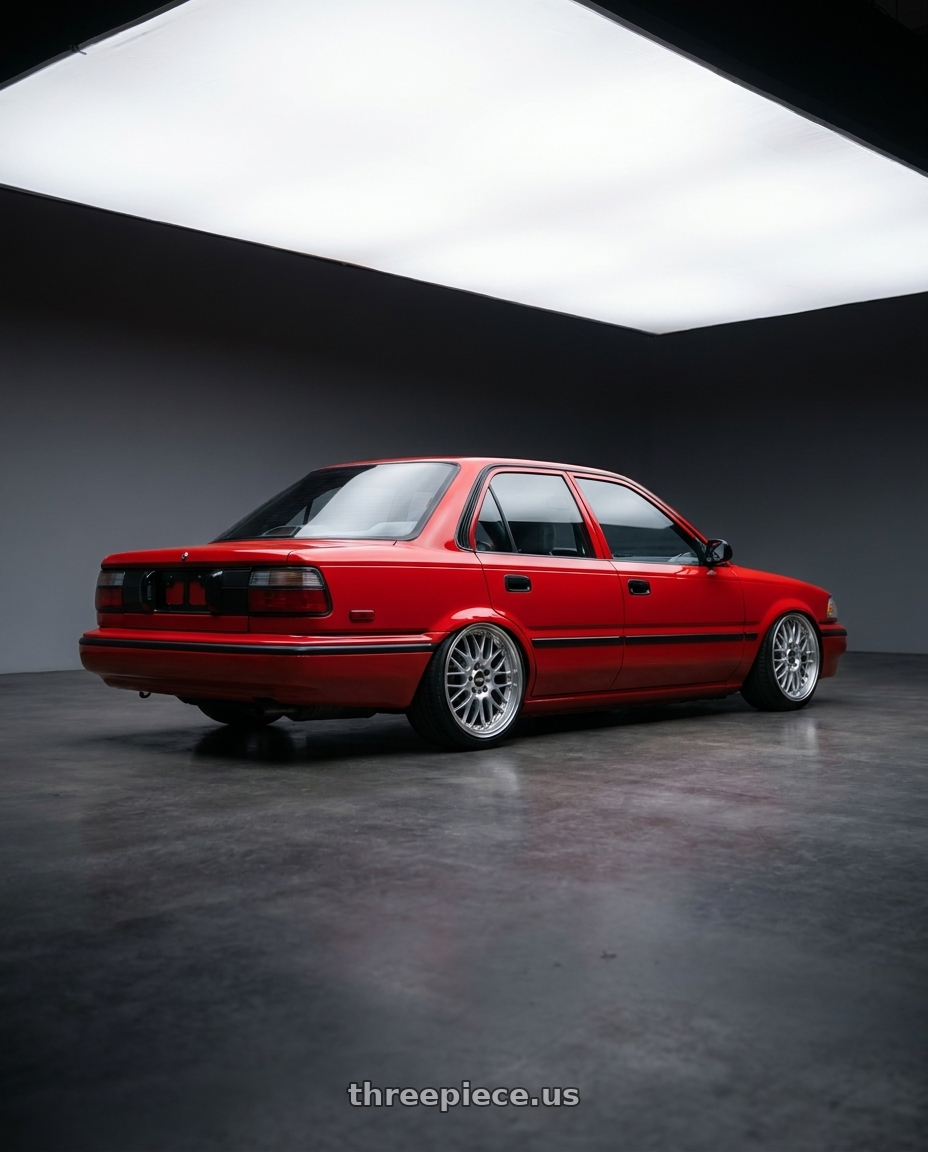1991 Corolla ae92 3r3 red with BBS RS-GT 5x114.3 20x8.5+43 Diamond Silver wheels rear three quarter view slight stretch tires
