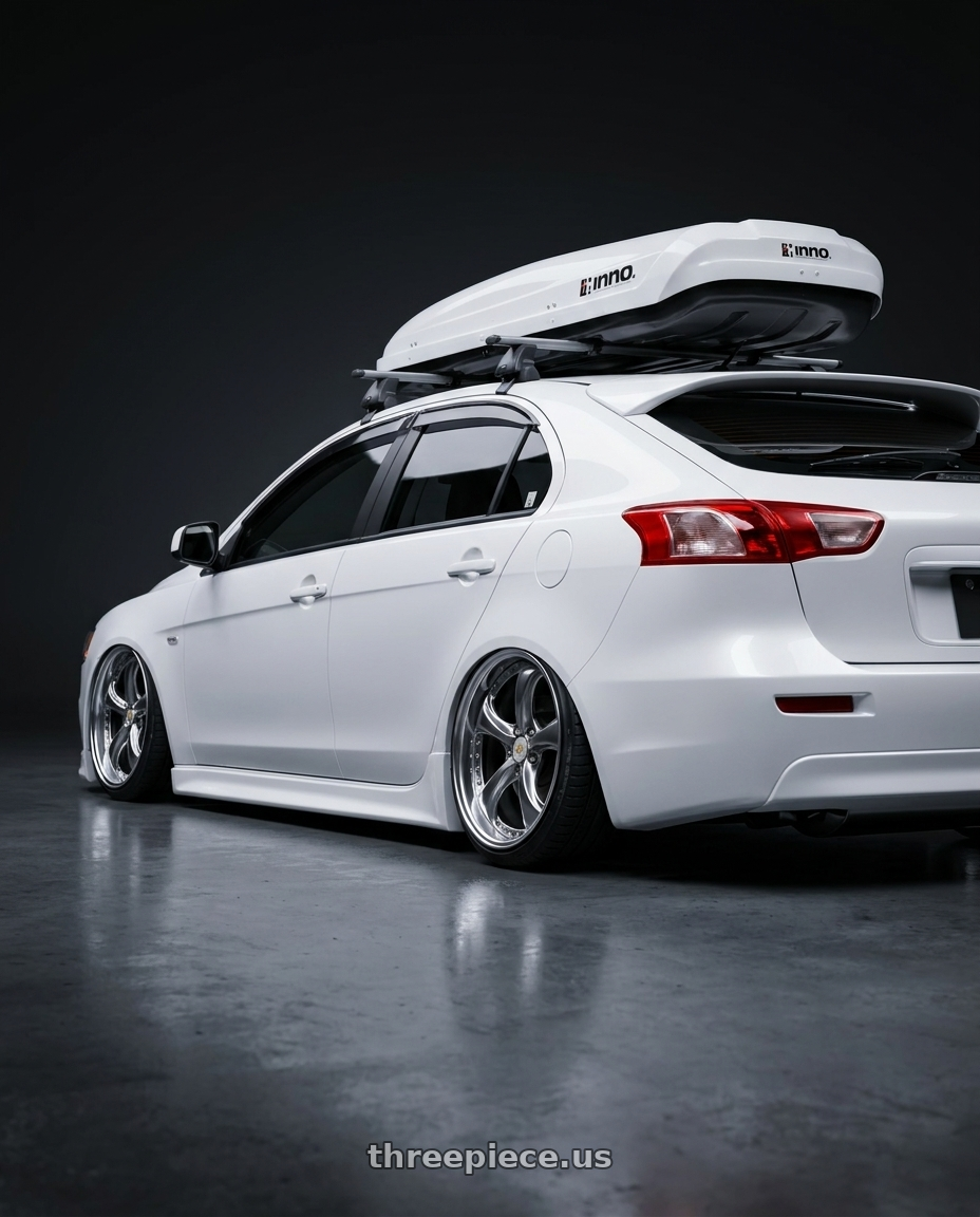 2014 Mitsubishi Lancer Sportback with Work Wheels VS-KF 5X114.3 19x8+15 Brilliant Silver Black A Disk FULL REVERSE wheels rear three quarter view slight stretch tires