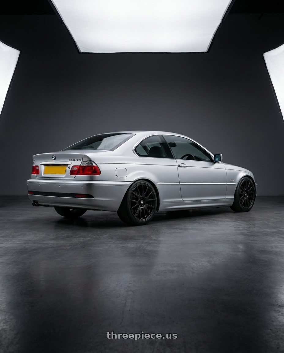 2004 Bmw 330Ci E46 with Motegi MR118 MS7 5X120 18X8 +32 MATTE BLACK wheels rear three quarter view square tires