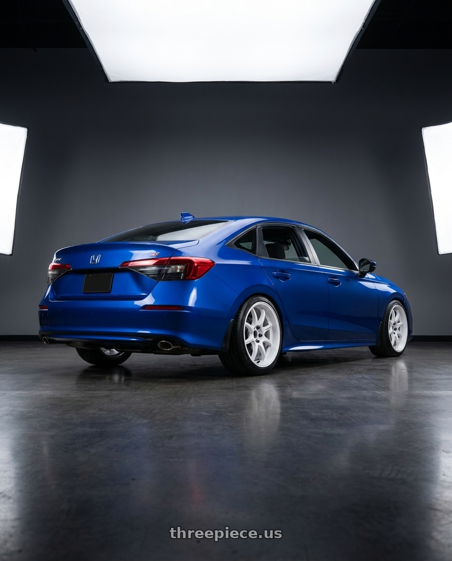 2026 Honda civic si with Work Emotion D9r 5x100 18x9.5 +38 White wheels rear three quarter view slight stretch tires