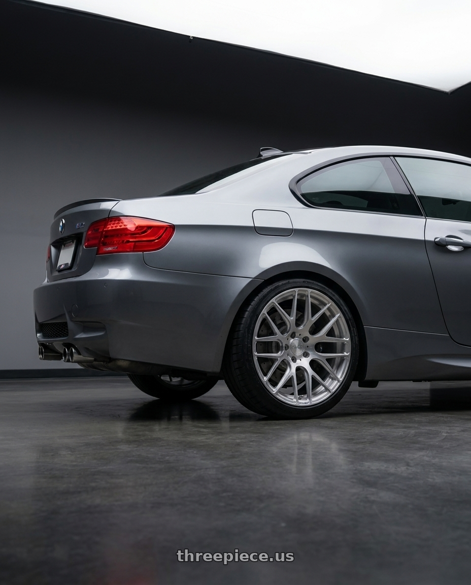 2013 Bmw M3 with MRR FS1 5x120 18x8.5  +35 Brushed Clear wheels rear three quarter view square tires