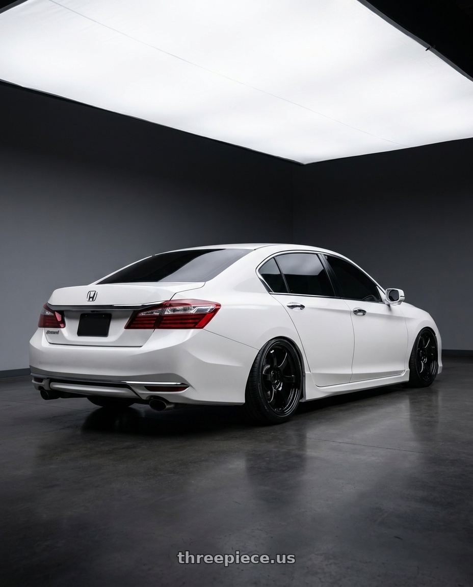 2016 Honda accord with Gram Lights 57DR 5x108 18x8.5 +37 GLOSSY BLACK wheels rear three quarter view slight stretch tires