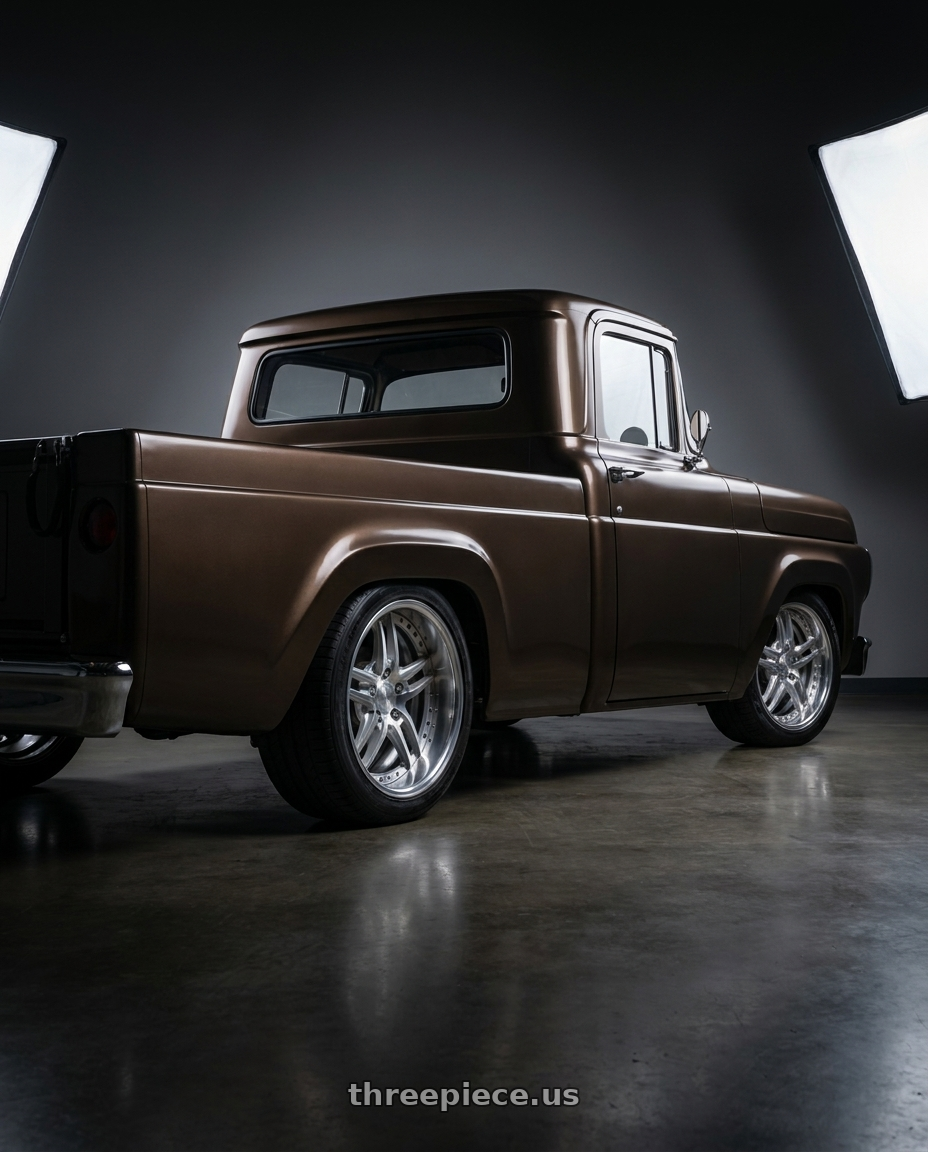 1960 ford f100 with Work Gnosis Cvd 5x114.3 19x9.5+38 A Disk Brush Silver Clear wheels rear three quarter view square tires