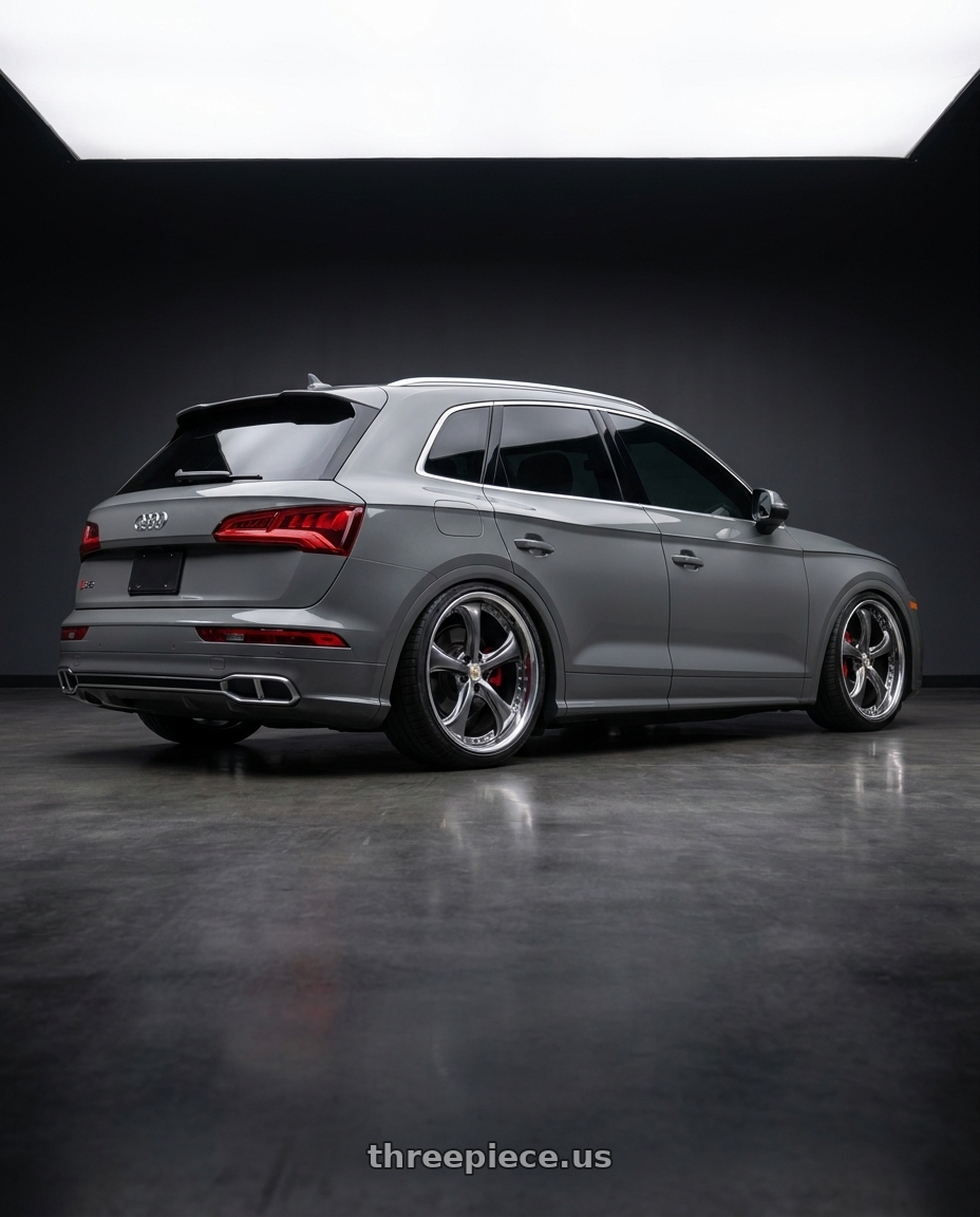 2018 Audi sq5 with Work Wheels VS-KF 5x112 21x10+28 Brilliant Silver Black A Disk FULL REVERSE wheels rear three quarter view slight stretch tires