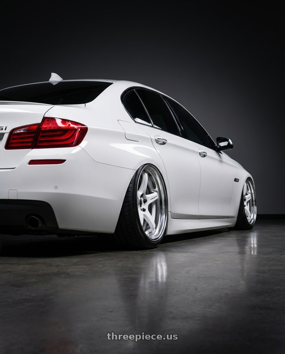 2016 bmw 535i with Work T5R 2P 5x120 18x10.5 +12 WHITE wheels rear three quarter view slight stretch tires