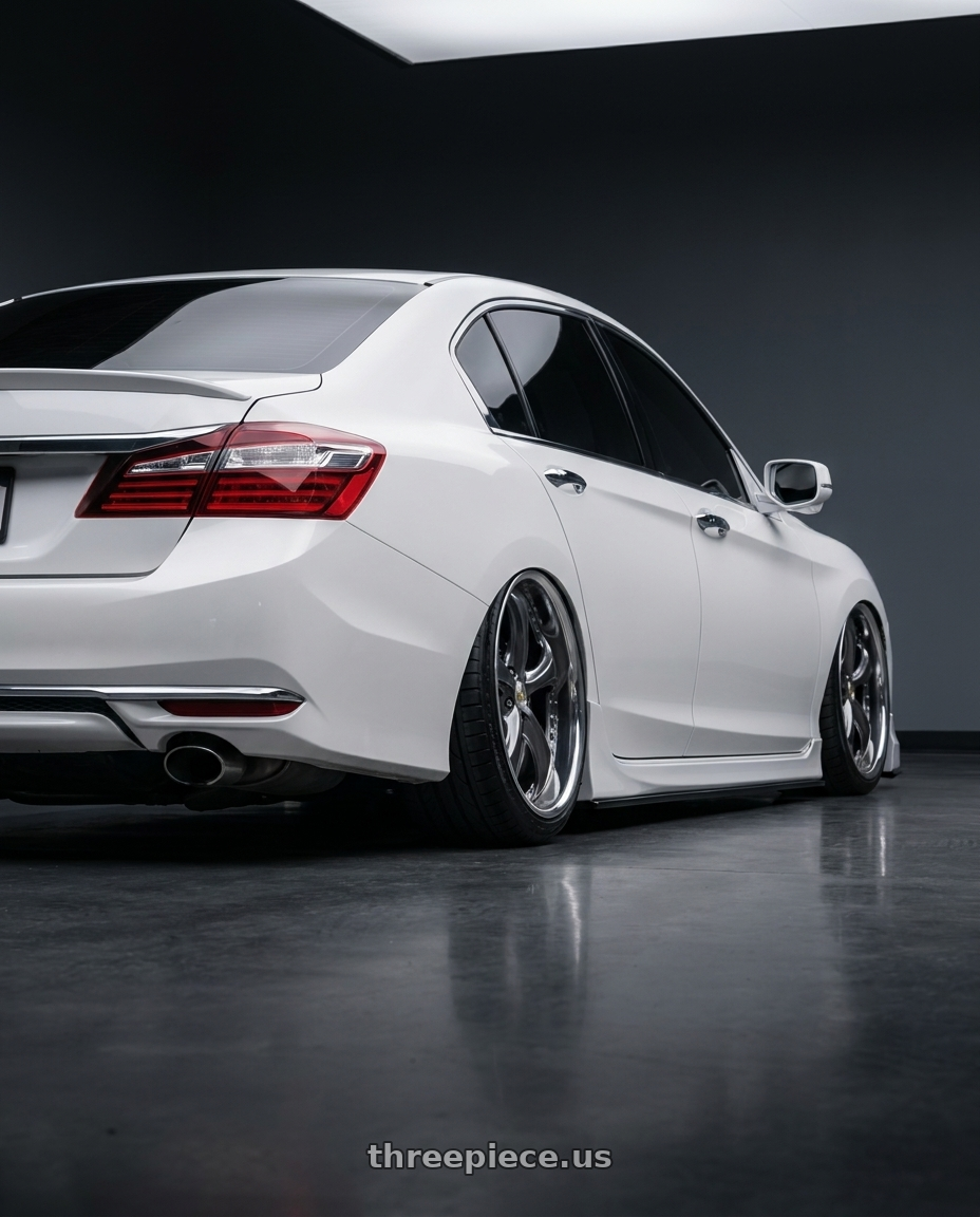 2016 Honda accord with Work Wheels VS-KF 5x100 19x8.5+1 Brilliant Silver Black R Disk FULL REVERSE wheels rear three quarter view square tires