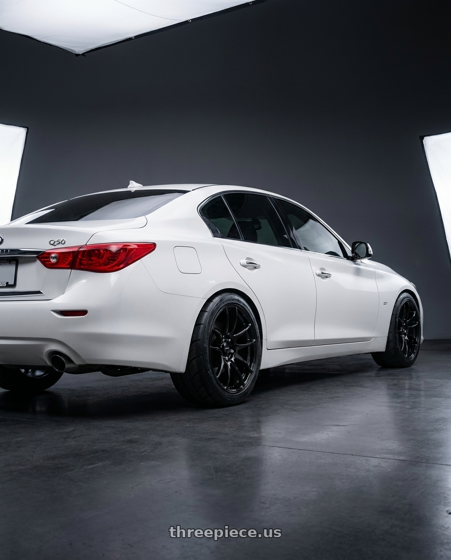 2014 Infiniti q50 with Vors TR4 5x114.3 19x8.5  +35 Gloss Black wheels rear three quarter view meaty tires