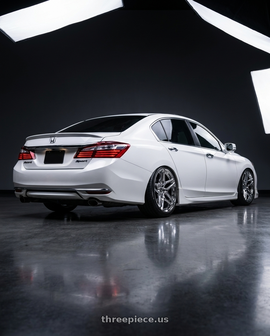 2016 Honda accord with Heritage Wheel EBISU MonoC 5x114.3 18x8.5+35 Chrome wheels rear three quarter view slight stretch tires