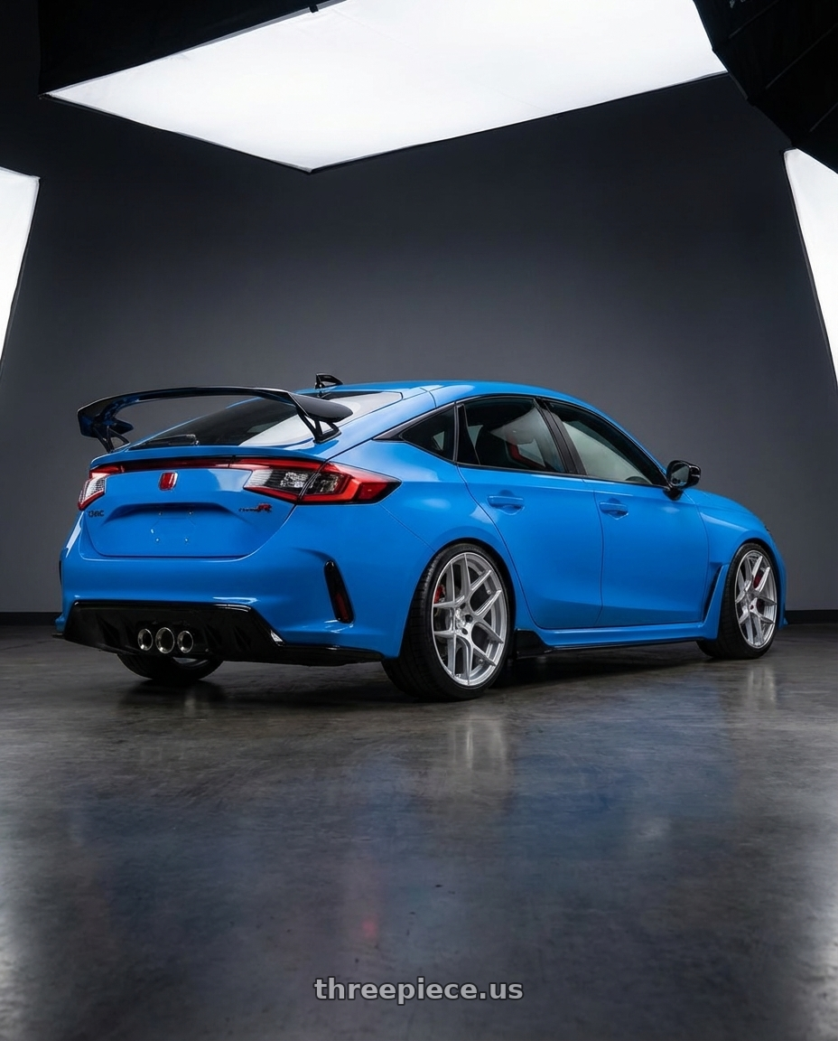 2024 Honda Civic Type R with Aodhan AFF2 5x120 19x9.5+35 Gloss Silver Machined Face wheels rear three quarter view square tires