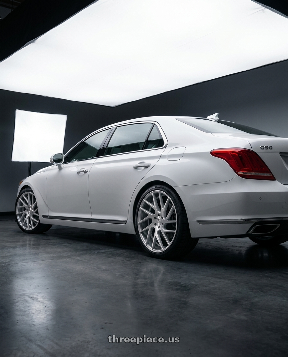 2018 genesis g90 ultimate with Status JUGGERNAUT 5X114.3 20X9 +30 SILVER W/ BRUSHED MACHINED FACE wheels rear three quarter view square tires