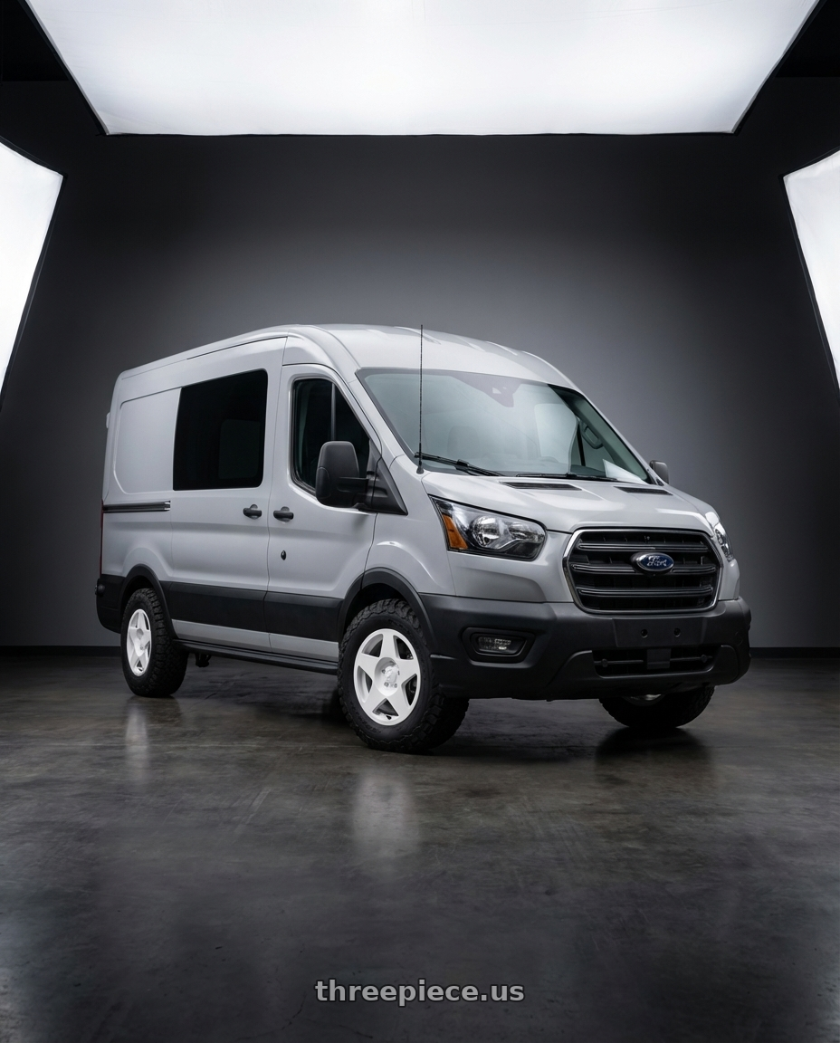 2023 Ford Transit AWD with fifteen52 TARMAC 5x108 18x8.5 +42 RALLY WHITE (GLOSS WHITE) wheels front three quarter view lowered stance