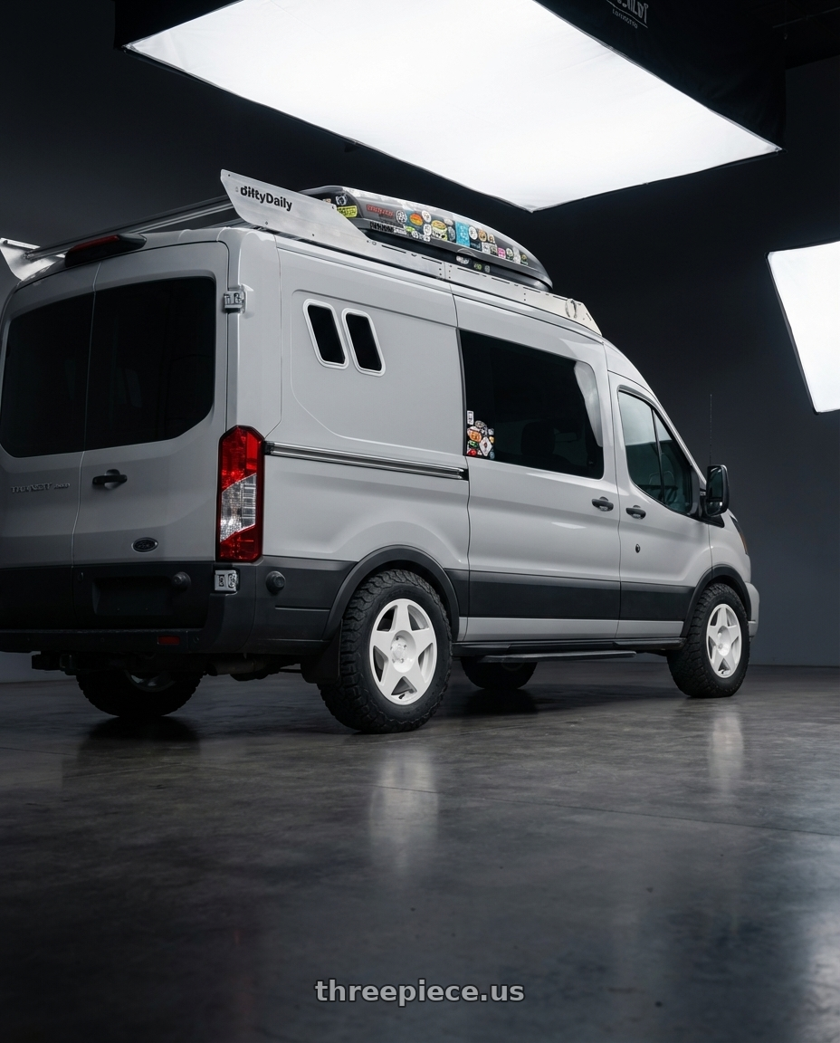 2023 Ford Transit AWD with fifteen52 TARMAC 5x108 18x8.5 +42 RALLY WHITE (GLOSS WHITE) wheels rear three quarter view meaty tires