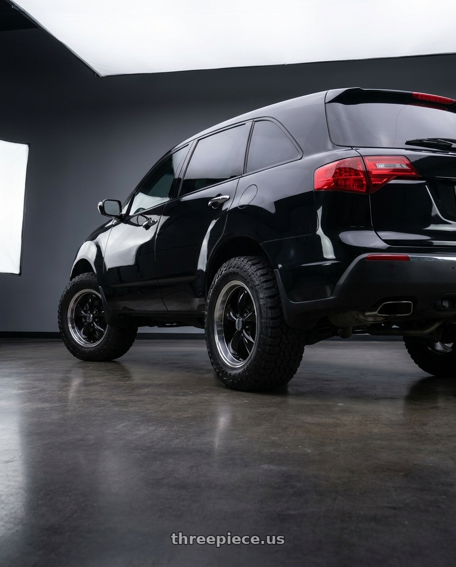 2012 acura mdx with Performance Replicas 106 18X10 +45 GLOSS BLACK W/ MACHINED LIP wheels rear three quarter view meaty tires