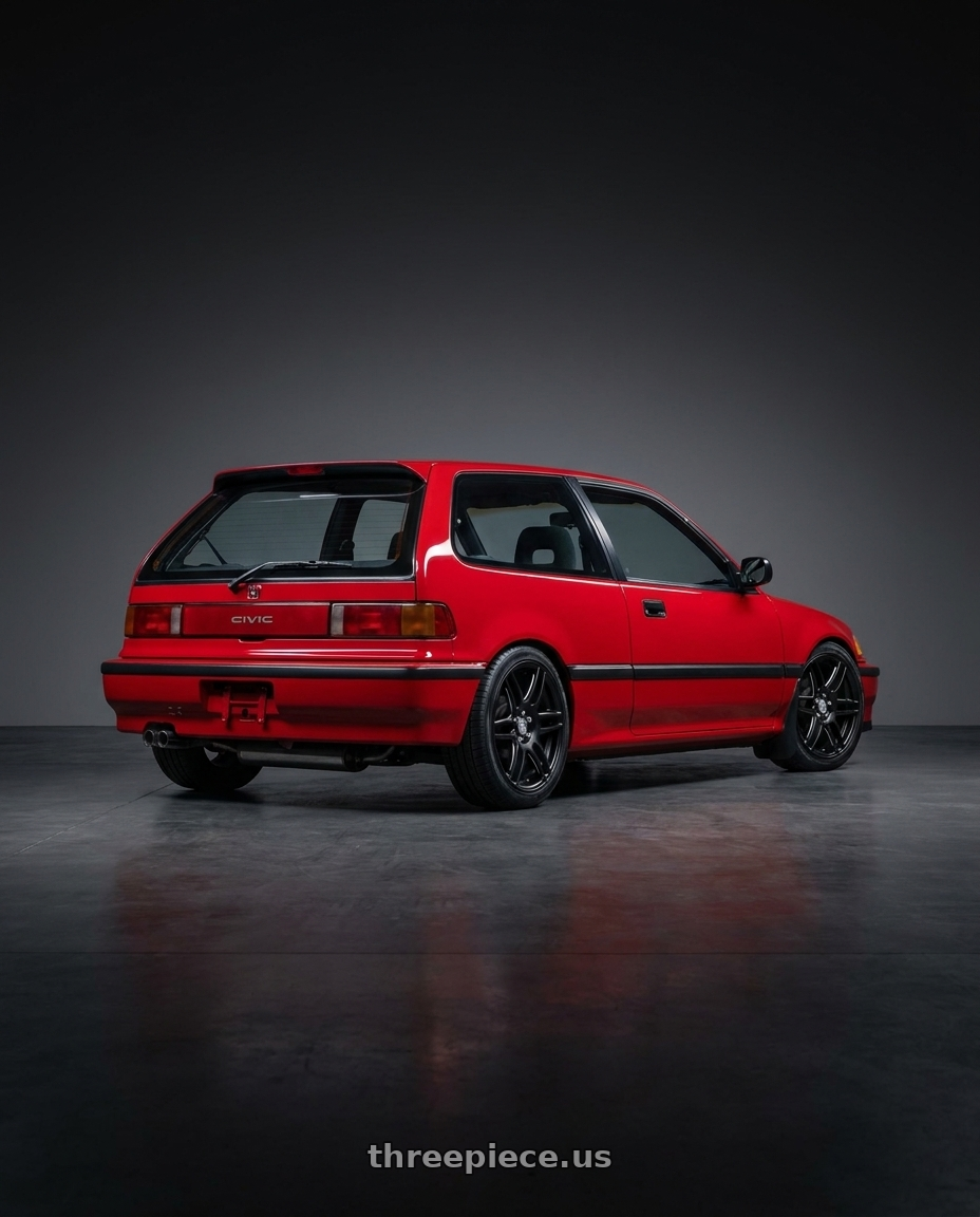 1990 Honda Civic Hatchback with Niche 1PC M106 NR6 4X100/4X114.3 18X8 +40 MATTE BLACK MILLED wheels rear three quarter view square tires