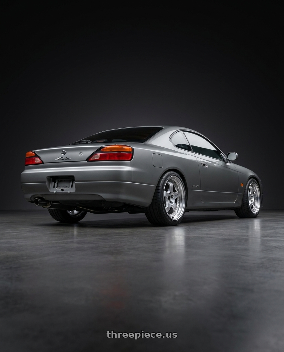 2001 Nissan Silvia S15 with Work Meister S1 3P 5x114.3 18x9.5+35 L Disk Silver wheels rear three quarter view square tires
