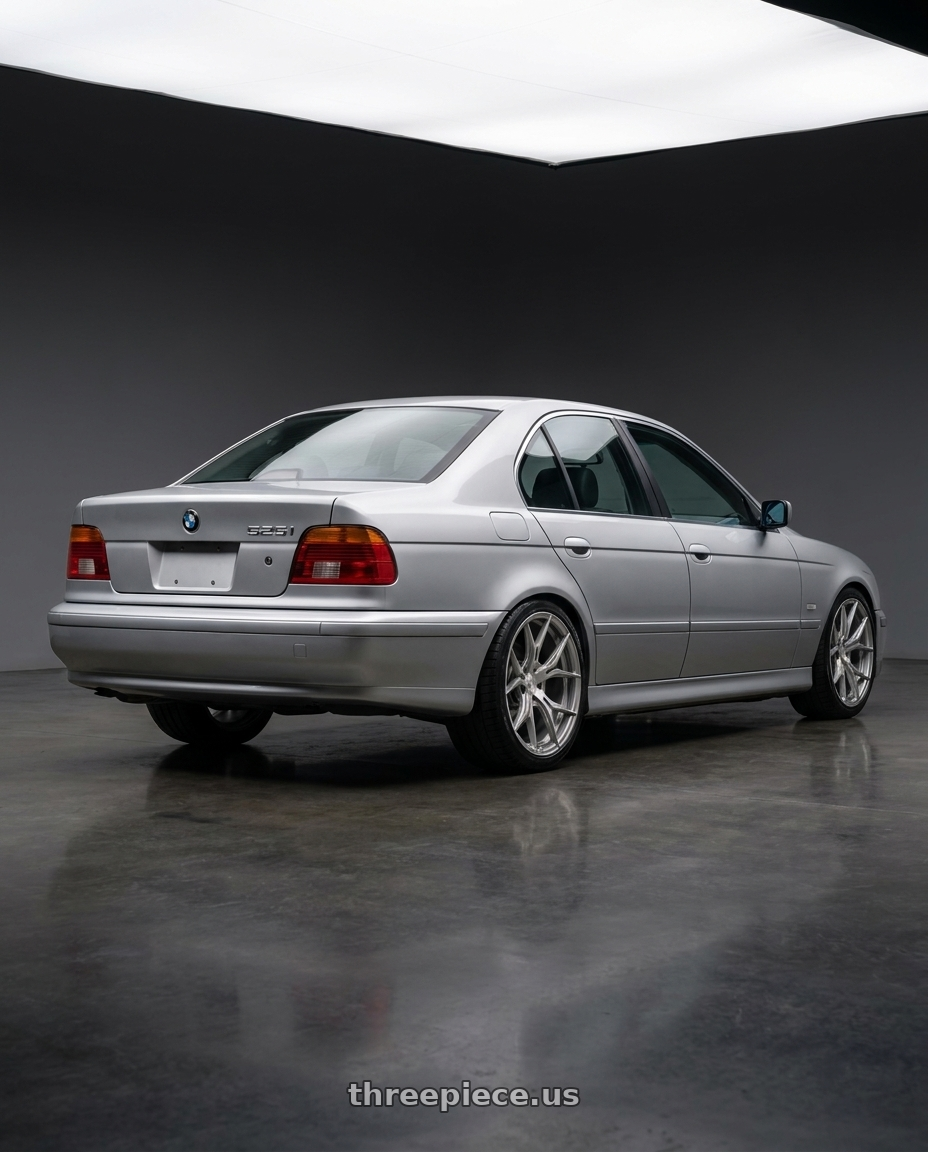 2002 BMW 525i with Rohana RFX5 5x120 19x8.5+20 Brushed Titanium wheels rear three quarter view square tires