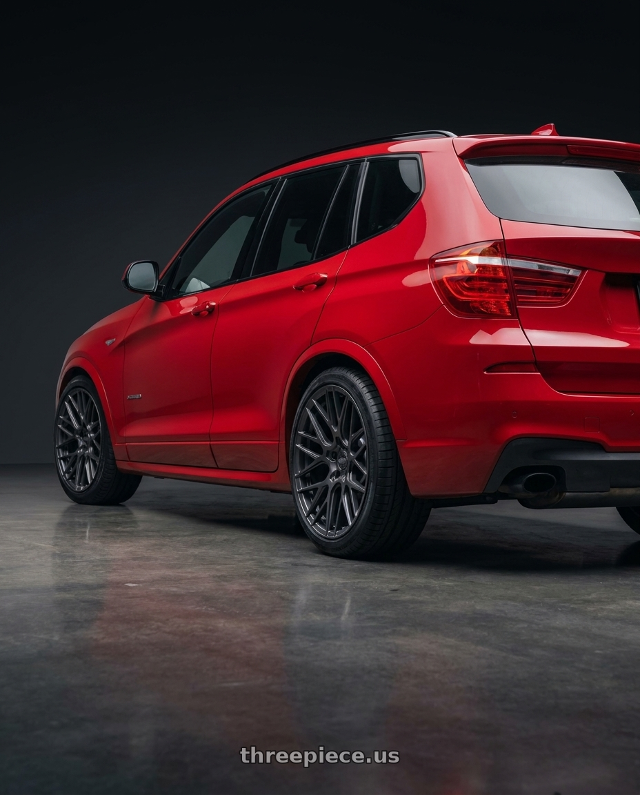 2017 x3 Msport with ESR Wheels FORGETECH SERIES RF11 5x112 18x10.5 +22 Matte Graphite wheels rear three quarter view slight stretch tires