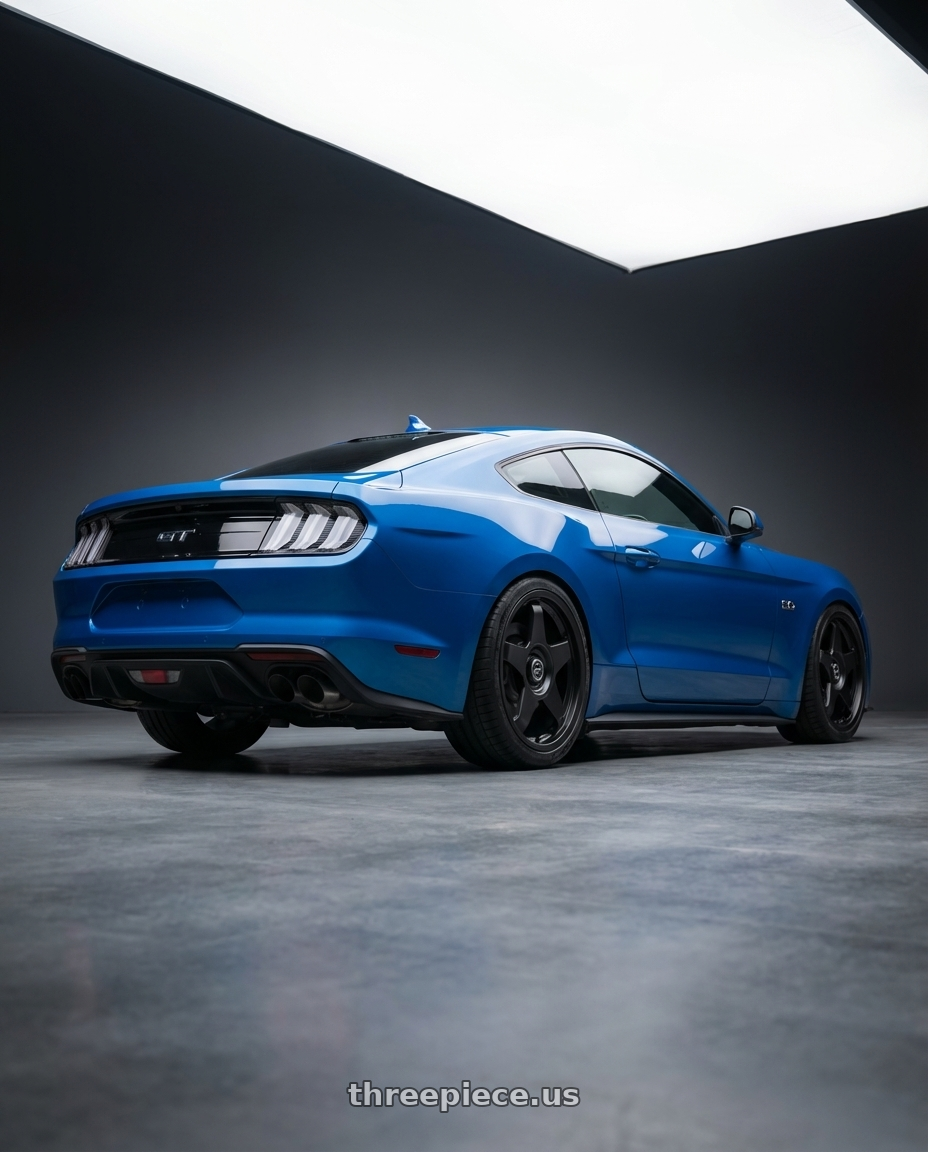 2022 Ford Mustang GT with fifteen52 CHICANE 5x114.3 / 5x120 19x8.5 +35 ASPHALT BLACK (SATIN BLACK) wheels rear three quarter view square tires