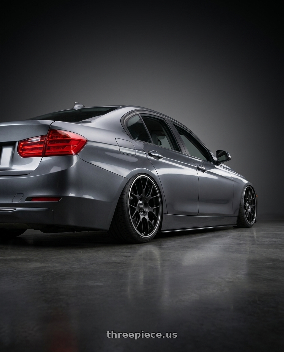 2012 Bmw f30 with BBS CH-R 5x120 20x9 +24 Satin Black Polished Rim Protector wheels rear three quarter view slight stretch tires