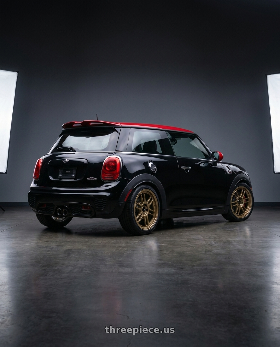 2017 mini John cooper works with Konig Ampliform 5x112 18x8.5+43 Gloss Bronze wheels rear three quarter view square tires