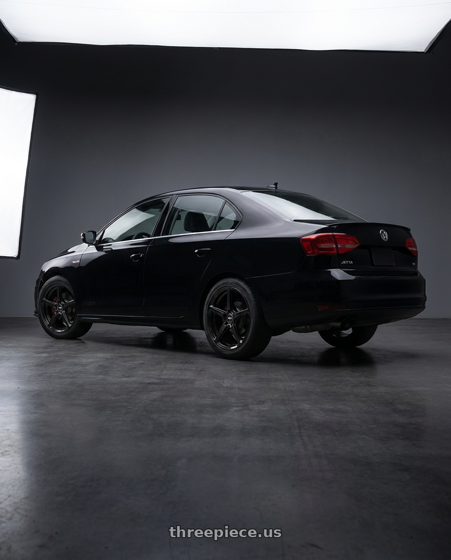 2017 VW Jetta with Motiv 433B Blade 5X112 17x7.5 +40 Gloss Black wheels rear three quarter view square tires
