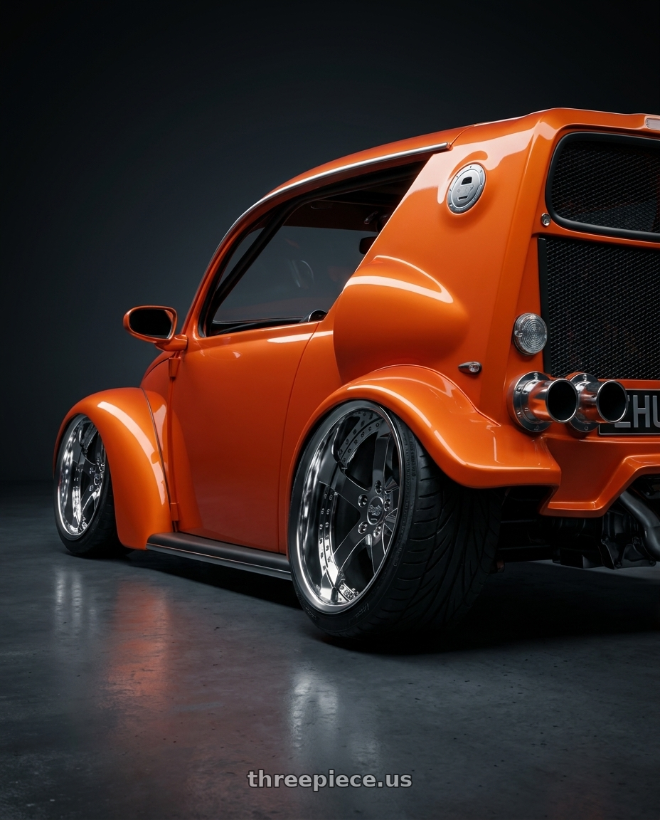 1974 VW Beetle with Work Equip E05 5x108 19x10.5+-17 o disk 3d Chrome wheels rear three quarter view extreme stretch tires