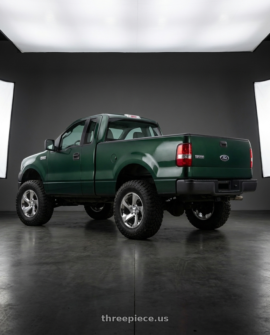 2008 F150 xl forest green with Shift Strut 5x114.3 17x8 +35 Chrome wheels rear three quarter view meaty tires