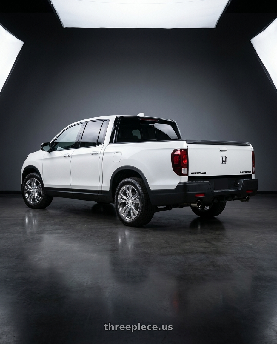 2026 Honda Ridgeline Black Edition with OE Wheels CA15B 5x120 18x8.5+40 Chrome wheels rear three quarter view square tires