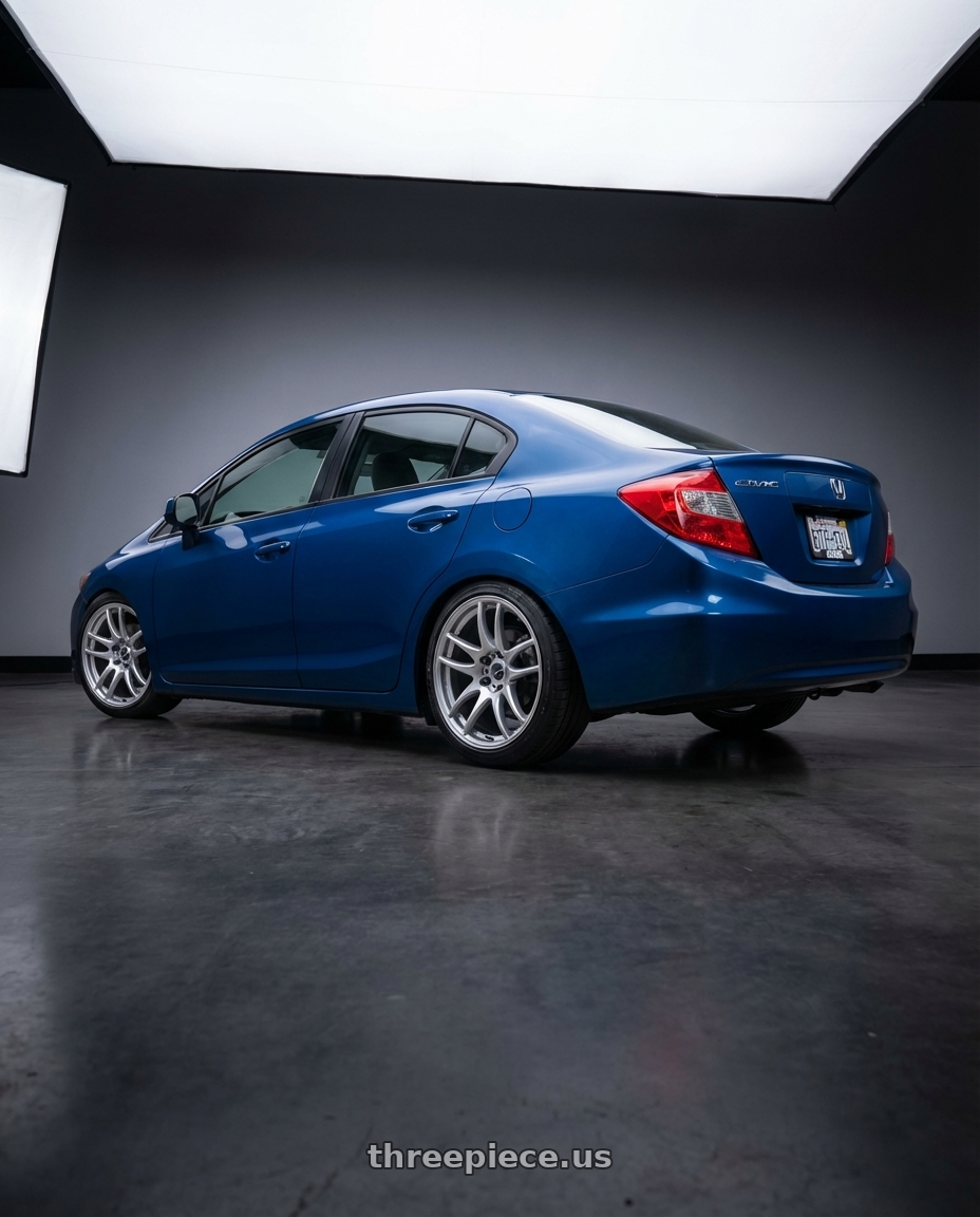 2012 Civic EX with Work Emotion Cr Kiwami 4x100 17x7 +38 Gt Silver wheels rear three quarter view square tires