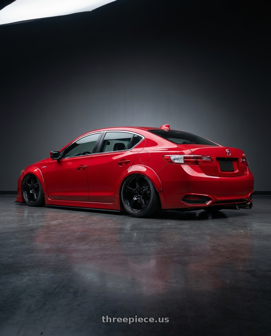 2012 Acura ILX with Gram Lights 57CR 5x114.3 18x9.5+12 Glossy Black wheels rear three quarter view slight stretch tires