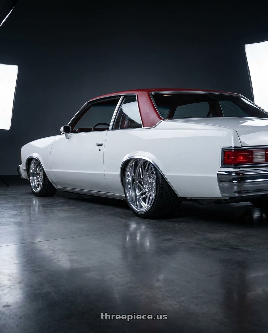 1978 chevy Malibu  with Carolina Forged Asheville 5x135 26x12 -40 High Polish wheels rear three quarter view extreme stretch tires