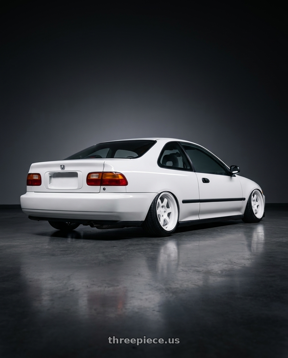 1993 Honda Civc  with 9six9 SIX-1 Deep 4x100 15X8 +20 Competition White wheels rear three quarter view extreme stretch tires