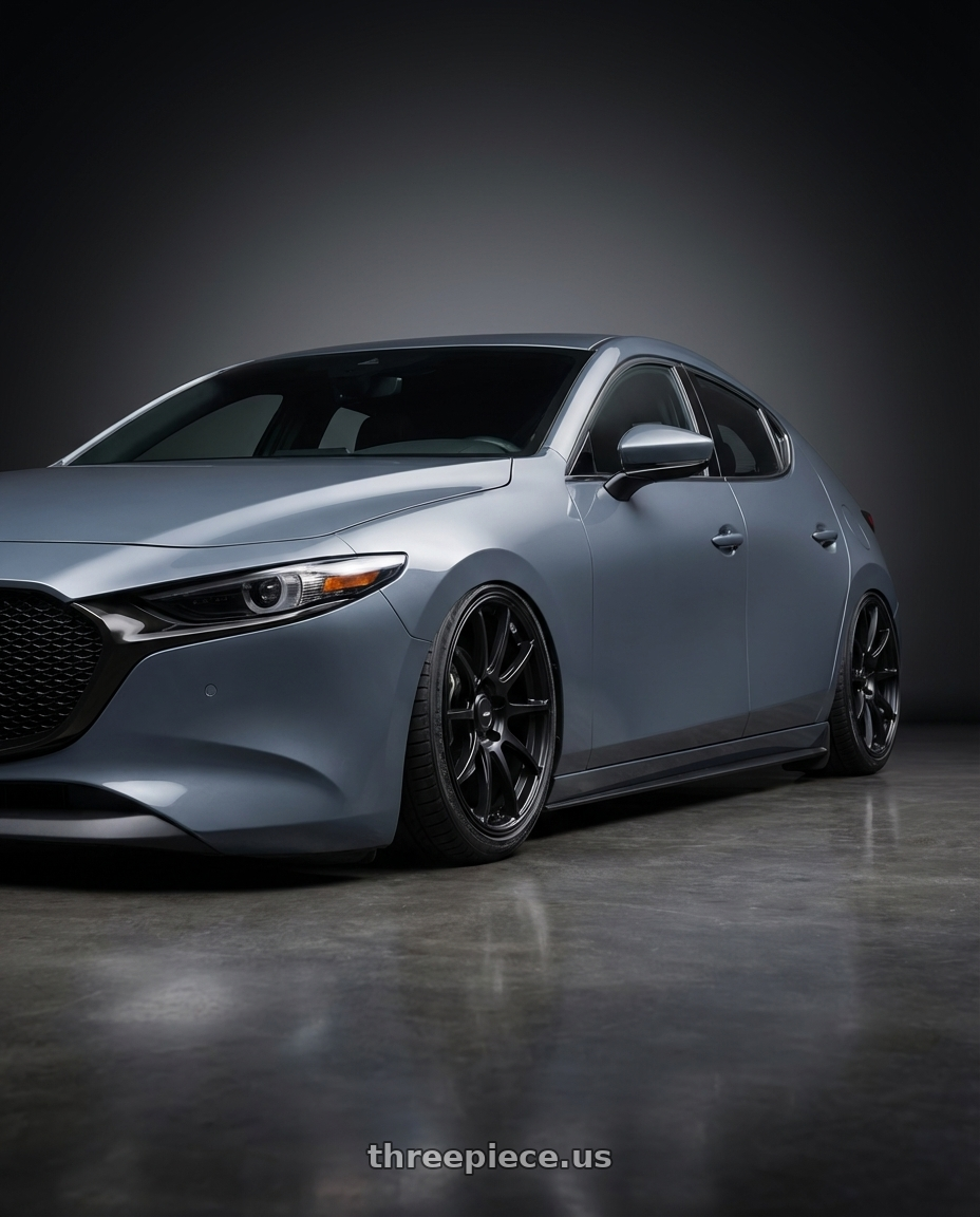 2023 Mazda Mazda3 Turbo with Ssr Gtv02 5x114.3 18x8+35  FLAT BLACK wheels front three quarter view stanced stance