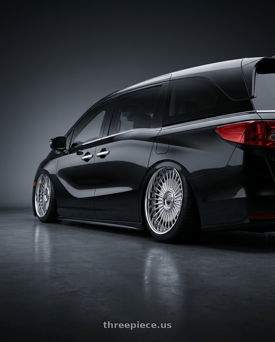 2018 Honda Odyssey Elite Black with Work Emitz wheels rear three quarter view slight stretch tires
