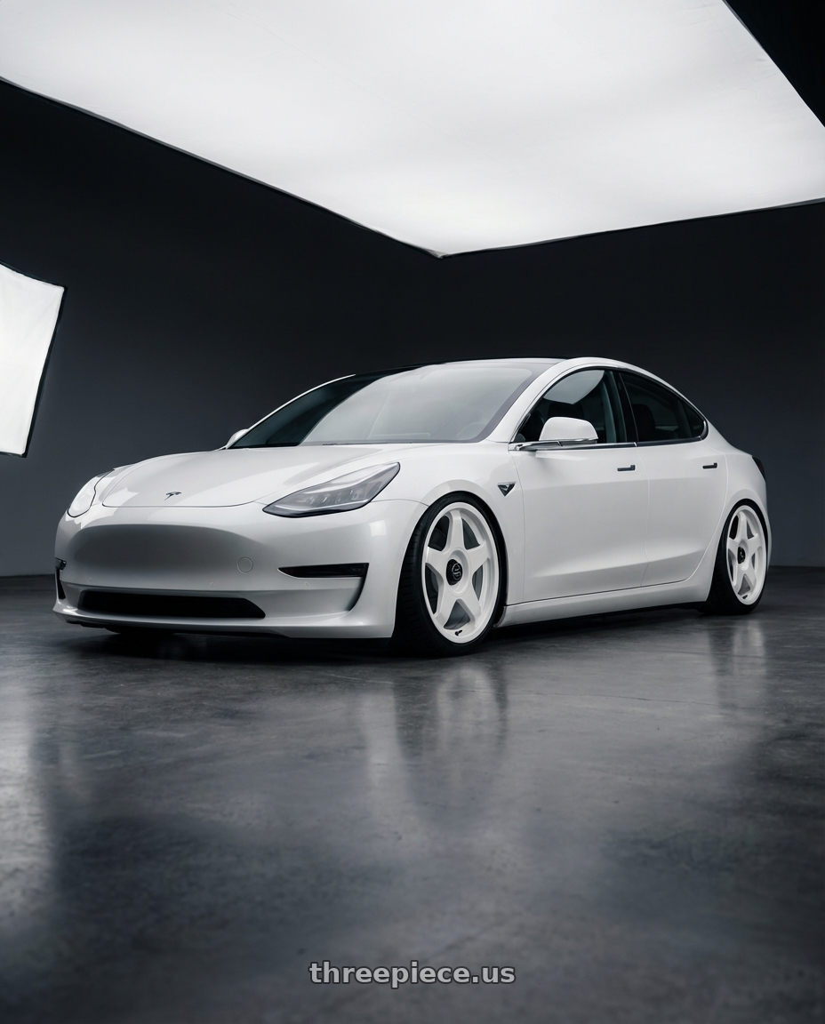 2023 Tesla Model 3 with fifteen52 CHICANE 5x114.3 / 5x120 19x8.5 +35 RALLY WHITE (GLOSS WHITE) wheels
