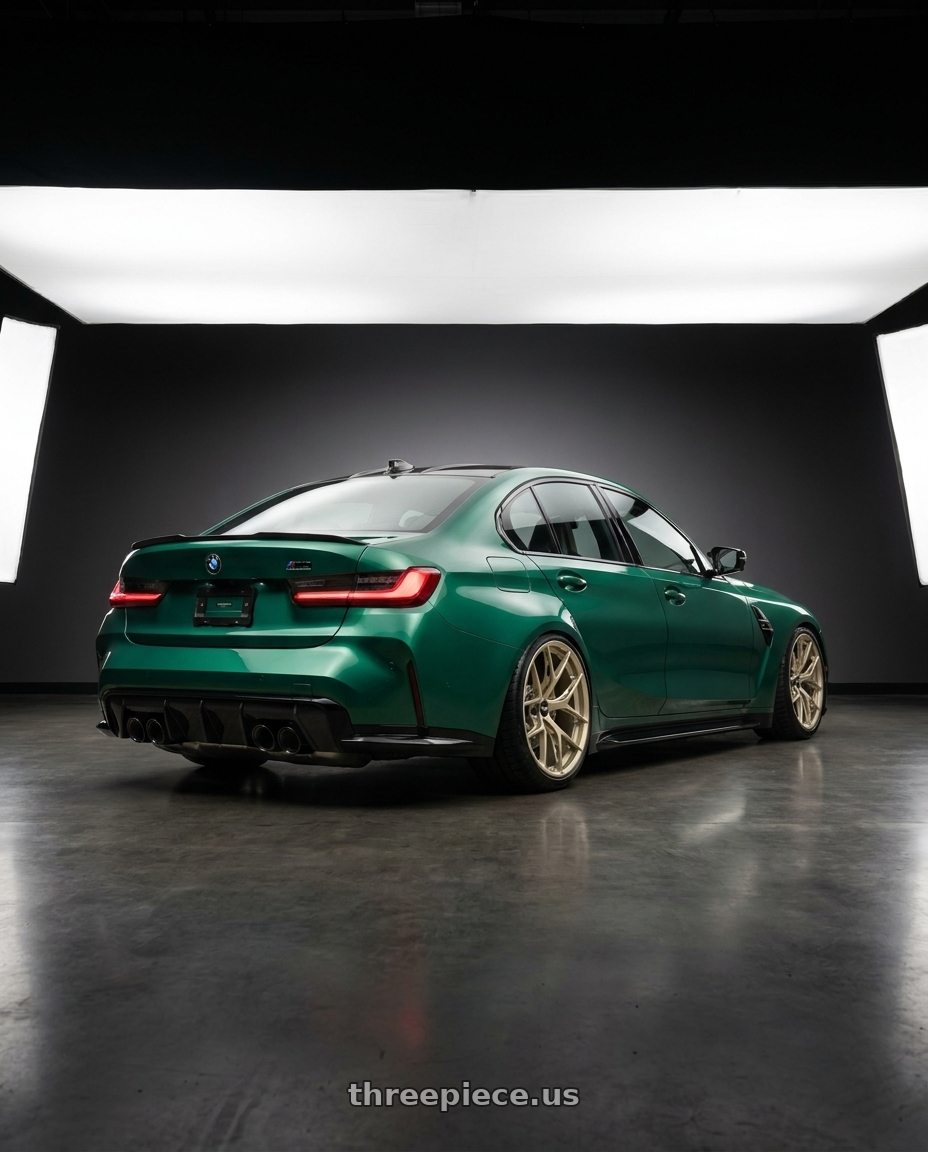 2023 Bmw g80m3 with BBS FI-R Evo 5x112 19x9.5+15 White Gold wheels rear three quarter view slight stretch tires