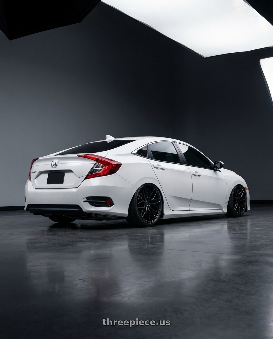 2019 Honda Civic with Avant Garde Wheels M520R 5X114.3 19x8.5 +35 Gloss Black wheels rear three quarter view slight stretch tires