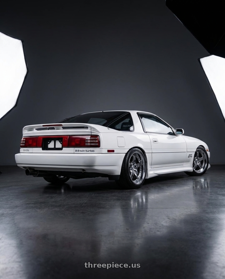 1987 Toyota Supra with Work Equip E05 5x114.3 19x10+59 a disk 3d Chrome wheels rear three quarter view square tires