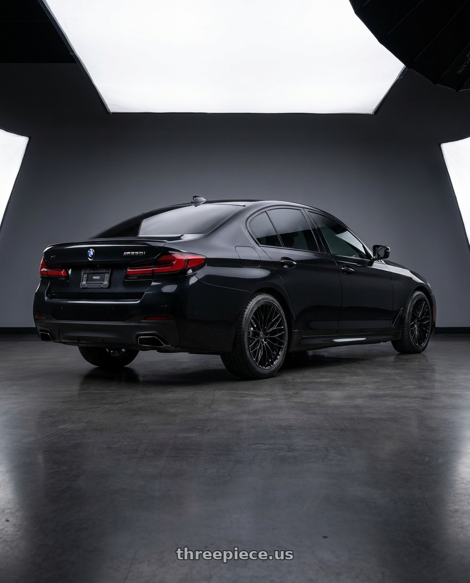 2021 bmw m550i with Brada FR100 5x112 20x9 +45 Satin Black wheels rear three quarter view square tires