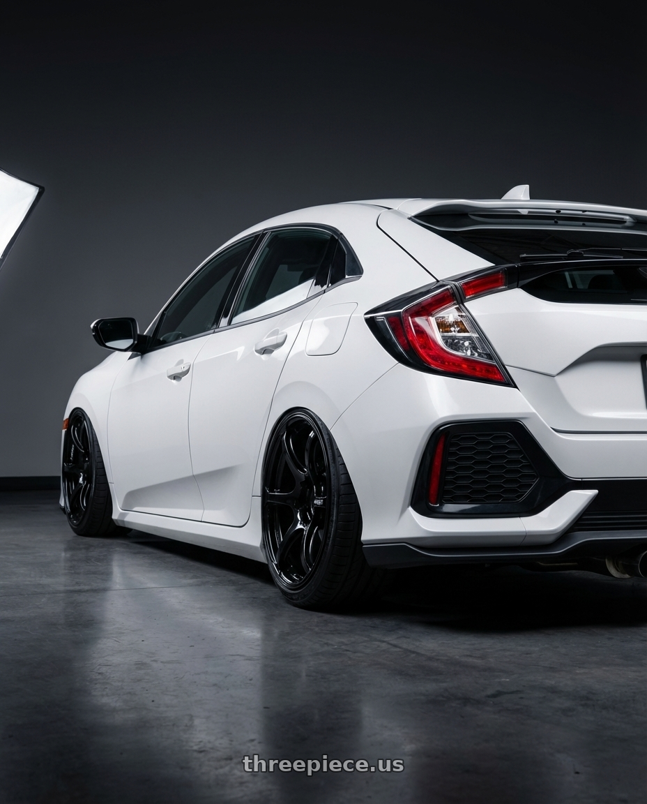2019 Honda Civic with Advan RGIII 5x114.3 19x8.5+38 Gloss Black wheels rear three quarter view slight stretch tires