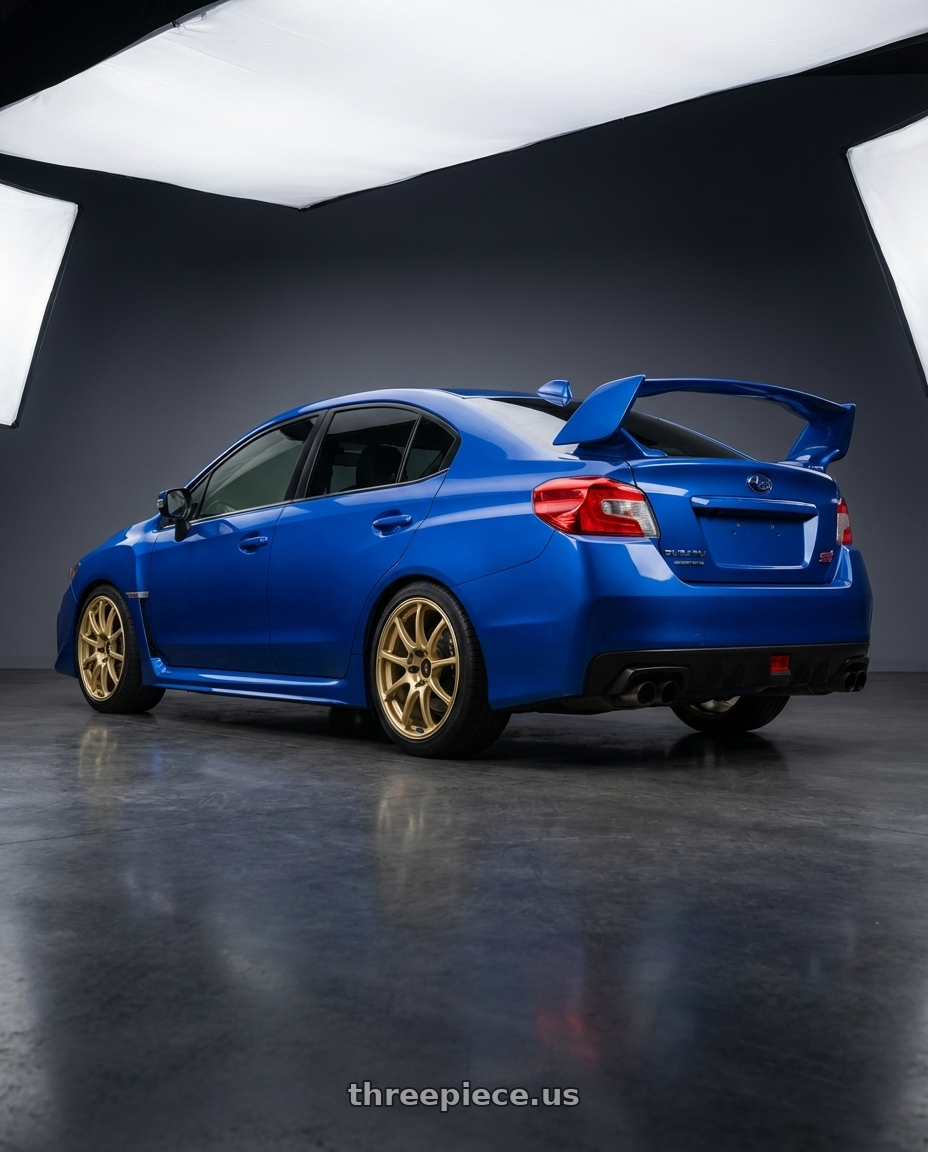 2013 Subaru WRX STI with Advan RCIII 5x114.3 18x8.5+38 Gold wheels rear three quarter view square tires