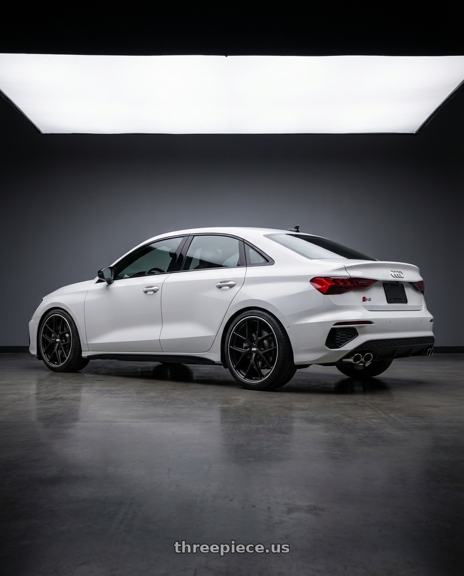 2024 Audi S3 8Y with BBS CC-R 5x112 19x8.0+27 Satin Black wheels rear three quarter view square tires